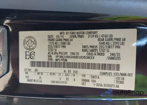 2014 Ford Escape Se из США, поврежденный, VIN 1FMCU9GX6EUD53833